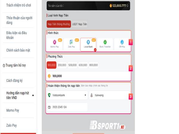Hướng dẫn nạp tiền Bsport qua Internet Banking 
